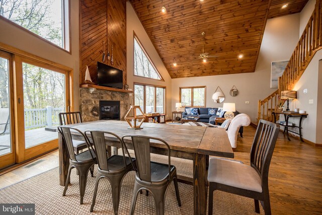 285 Cherry Heights Ln, Mc Henry, MD 21541 - dining space featuring high vaulted ceiling, stairs, a fireplace, wood ceiling, and light wood finished floors