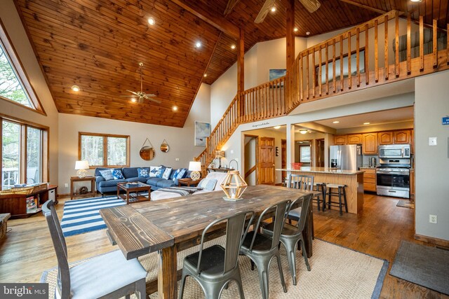 285 Cherry Heights Ln, Mc Henry, MD 21541 - dining space with ceiling fan, wood ceiling, stairs, high vaulted ceiling, and light wood-style floors