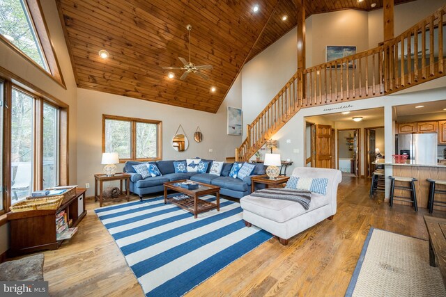 285 Cherry Heights Ln, Mc Henry, MD 21541 - living area with high vaulted ceiling, stairway, wood finished floors, a ceiling fan, and wooden ceiling
