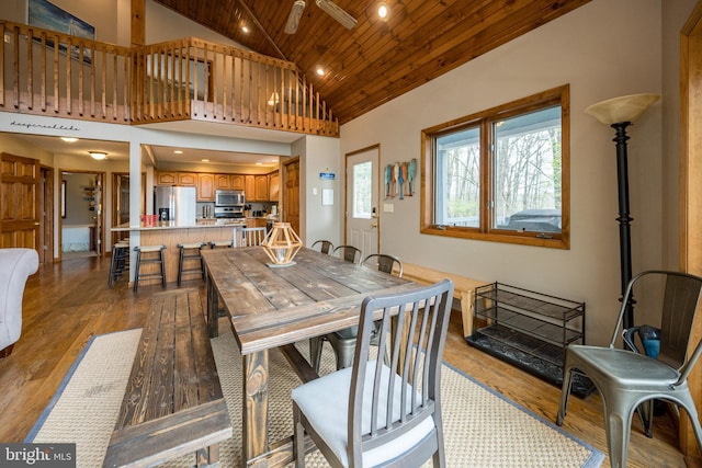 285 Cherry Heights Ln, Mc Henry, MD 21541 - dining area with wood ceiling, wood finished floors, recessed lighting, and high vaulted ceiling