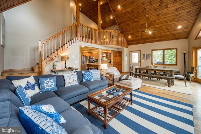 285 Cherry Heights Ln, Mc Henry, MD 21541 - living area with wooden ceiling, stairway, high vaulted ceiling, wood finished floors, and ceiling fan