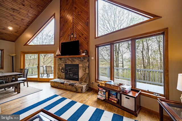 285 Cherry Heights Ln, Mc Henry, MD 21541 - living room with high vaulted ceiling, wood ceiling, a fireplace, wood finished floors, and baseboards