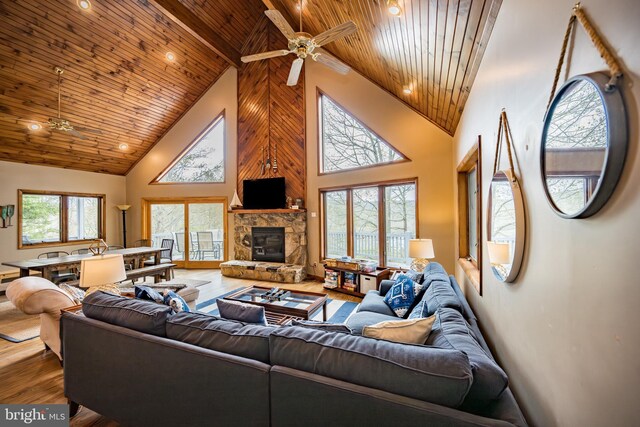 285 Cherry Heights Ln, Mc Henry, MD 21541 - living area with high vaulted ceiling, wood ceiling with exposed beams, a ceiling fan, wood finished floors, and a stone fireplace