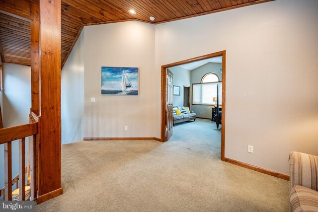 285 Cherry Heights Ln, Mc Henry, MD 21541 - hallway featuring wooden ceiling, carpet flooring, recessed lighting, baseboards, and lofted ceiling