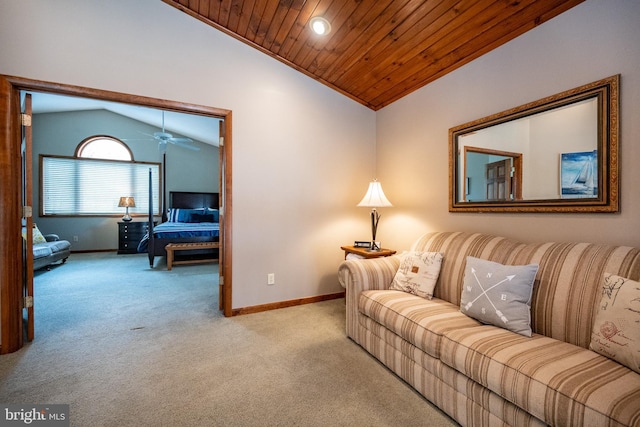 285 Cherry Heights Ln, Mc Henry, MD 21541 - living room featuring lofted ceiling, carpet floors, baseboards, wooden ceiling, and a ceiling fan