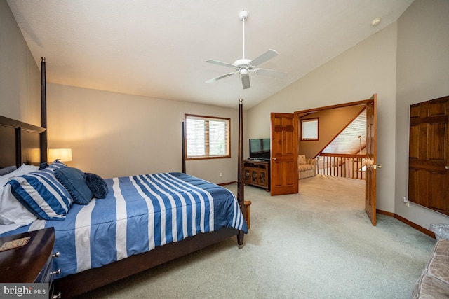 285 Cherry Heights Ln, Mc Henry, MD 21541 - bedroom featuring light colored carpet, vaulted ceiling, baseboards, and a ceiling fan