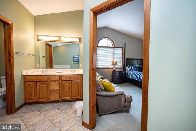 285 Cherry Heights Ln, Mc Henry, MD 21541 - full bath with lofted ceiling, toilet, connected bathroom, double vanity, and baseboards