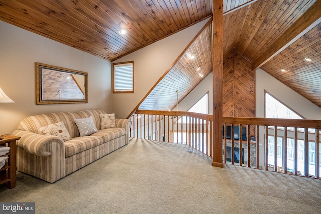 285 Cherry Heights Ln, Mc Henry, MD 21541 - living area with carpet floors, wood ceiling, high vaulted ceiling, and recessed lighting