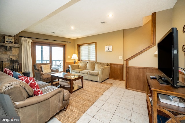 285 Cherry Heights Ln, Mc Henry, MD 21541 - living area featuring a wainscoted wall, light tile patterned flooring, and wood walls