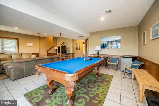 285 Cherry Heights Ln, Mc Henry, MD 21541 - rec room with tile patterned floors, a textured ceiling, pool table, and a wainscoted wall
