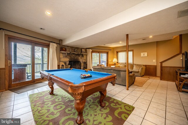 285 Cherry Heights Ln, Mc Henry, MD 21541 - rec room featuring a wainscoted wall, light tile patterned flooring, billiards table, recessed lighting, and wooden walls