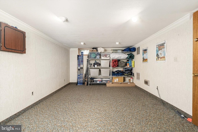 finished basement with crown molding and carpet floors