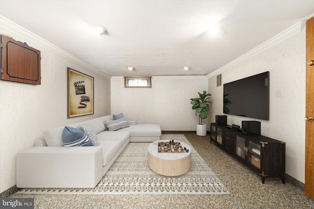 living room with crown molding