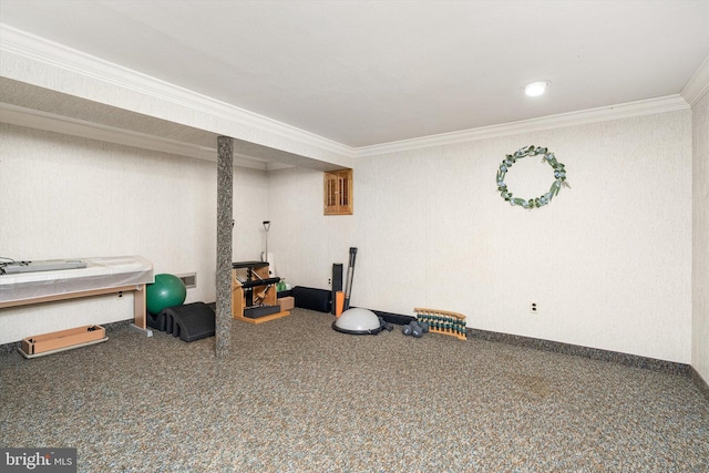 finished basement with ornamental molding, carpet floors, and baseboards