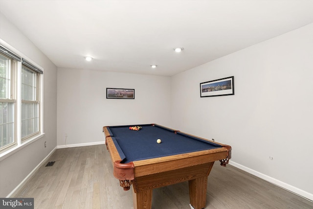 playroom featuring pool table, wood finished floors, and baseboards