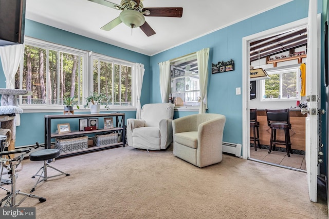 16 Bayberry Dr, Lanoka Harbor, NJ 08734 - sitting room featuring carpet flooring, plenty of natural light, a baseboard heating unit, ceiling fan, and crown molding
