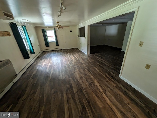671 Woodview St, Steelton, PA 17113 - unfurnished living room with dark wood-style floors, a ceiling fan, rail lighting, baseboards, and baseboard heating