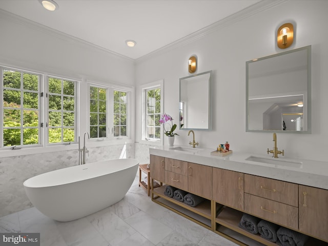 720 Cyprian Ct, Gambrills, MD 21054 - full bath featuring double vanity, a freestanding tub, marble finish flooring, ornamental molding, and tile walls