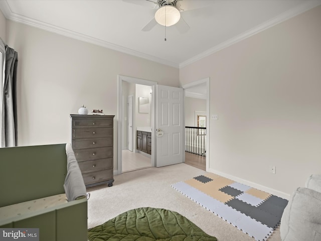 720 Cyprian Ct, Gambrills, MD 21054 - bedroom with ornamental molding, light carpet, baseboards, ensuite bath, and a ceiling fan