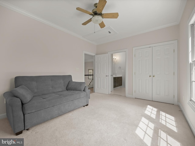 720 Cyprian Ct, Gambrills, MD 21054 - living area featuring a ceiling fan, carpet flooring, ornamental molding, attic access, and baseboards