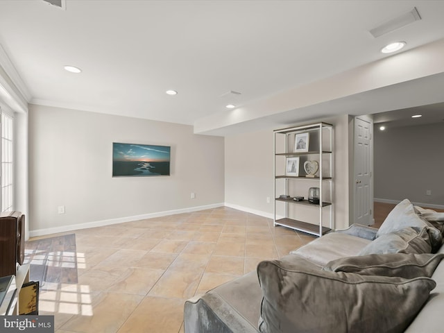 720 Cyprian Ct, Gambrills, MD 21054 - living area with baseboards, light tile patterned floors, recessed lighting, and ornamental molding