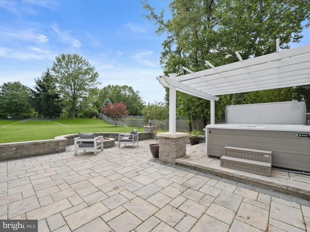 720 Cyprian Ct, Gambrills, MD 21054 - view of patio / terrace with a fire pit, a hot tub, and a pergola
