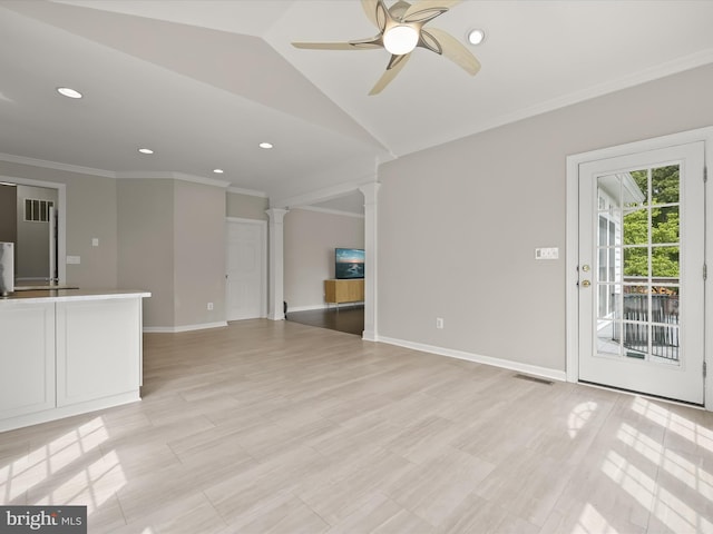 720 Cyprian Ct, Gambrills, MD 21054 - unfurnished living room with ornate columns, ornamental molding, recessed lighting, ceiling fan, and vaulted ceiling