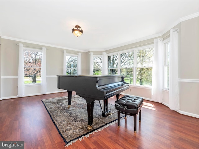 sitting room with wood finished floors, baseboards, and ornamental molding