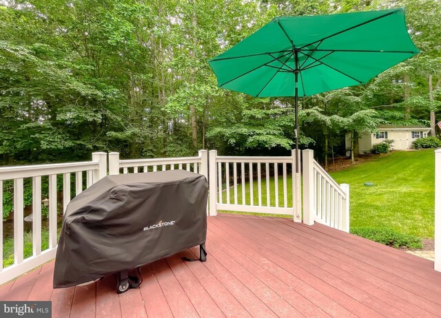 9150 Sparkling Pl, Charlotte Hall, MD 20622 - wooden deck with a grill, a lawn, and view of scattered trees