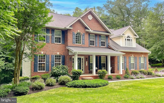 9150 Sparkling Pl, Charlotte Hall, MD 20622 - colonial-style house featuring a porch, a front lawn, brick siding, and a shingled roof