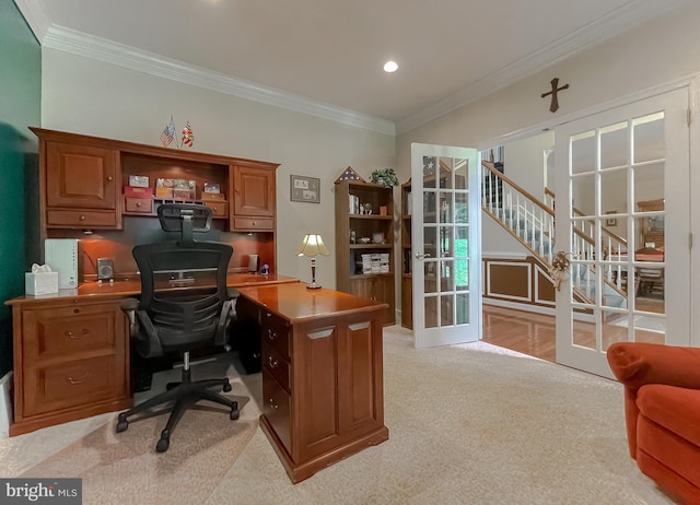 9150 Sparkling Pl, Charlotte Hall, MD 20622 - office space featuring ornamental molding, light colored carpet, french doors, and recessed lighting