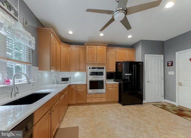 9150 Sparkling Pl, Charlotte Hall, MD 20622 - kitchen featuring black appliances, a sink, decorative backsplash, a ceiling fan, and recessed lighting