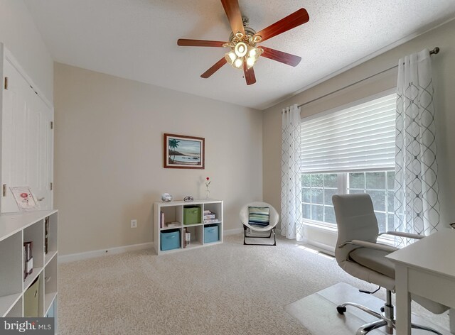 9150 Sparkling Pl, Charlotte Hall, MD 20622 - office area featuring carpet, ceiling fan, and baseboards