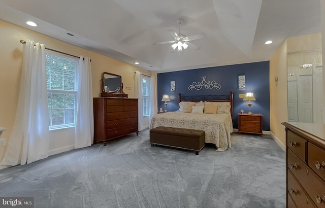 9150 Sparkling Pl, Charlotte Hall, MD 20622 - bedroom featuring carpet, baseboards, recessed lighting, ceiling fan, and a tray ceiling
