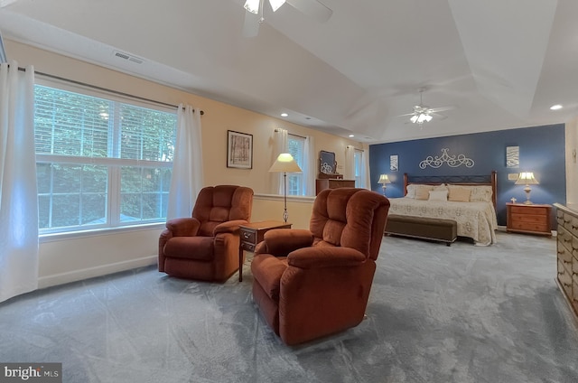 9150 Sparkling Pl, Charlotte Hall, MD 20622 - carpeted bedroom with multiple windows, recessed lighting, a tray ceiling, baseboards, and a ceiling fan