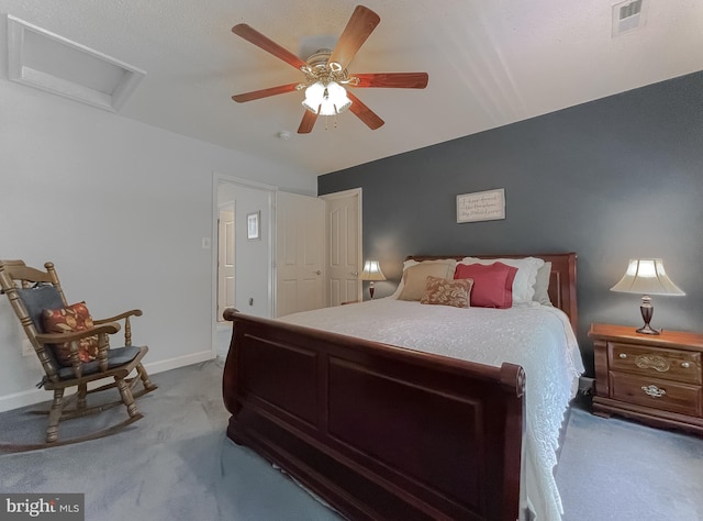 9150 Sparkling Pl, Charlotte Hall, MD 20622 - carpeted bedroom featuring attic access, baseboards, and a ceiling fan