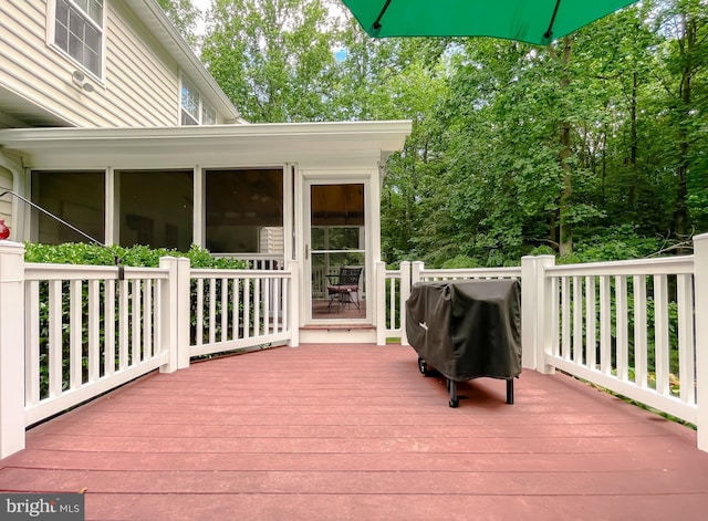 9150 Sparkling Pl, Charlotte Hall, MD 20622 - wooden deck with a sunroom and area for grilling