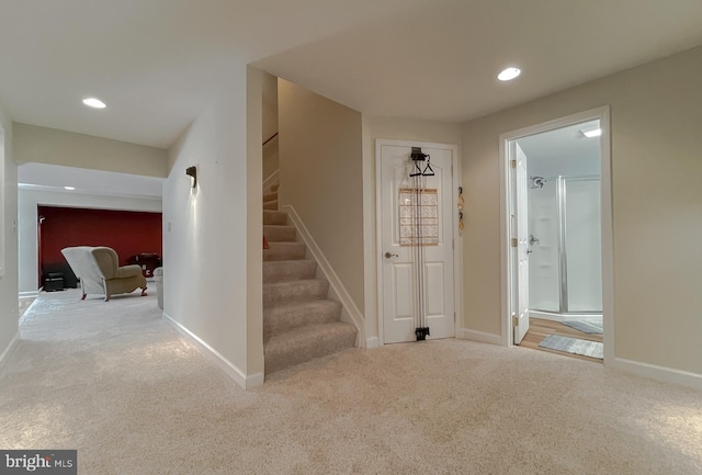 9150 Sparkling Pl, Charlotte Hall, MD 20622 - staircase with carpet floors, recessed lighting, and baseboards