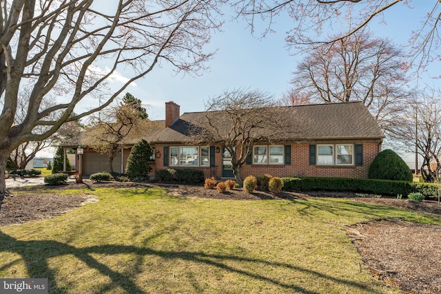 904 W Main St, New Holland, PA 17557 - ranch-style home featuring brick siding, a chimney, an attached garage, a front lawn, and roof with shingles