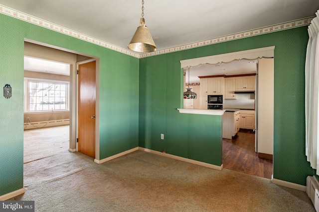904 W Main St, New Holland, PA 17557 - unfurnished dining area featuring a baseboard heating unit, dark carpet, and baseboards