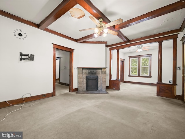 1812 64th Ave, Landover, MD 20785 - unfurnished living room featuring a ceiling fan, baseboards, beamed ceiling, carpet flooring, and coffered ceiling