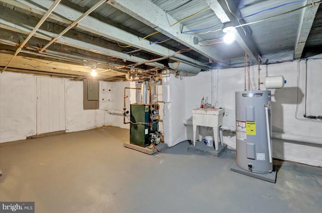 613 Minor St, Reading, PA 19602 - unfinished below grade area featuring electric water heater, a heating unit, a sink, and electric panel