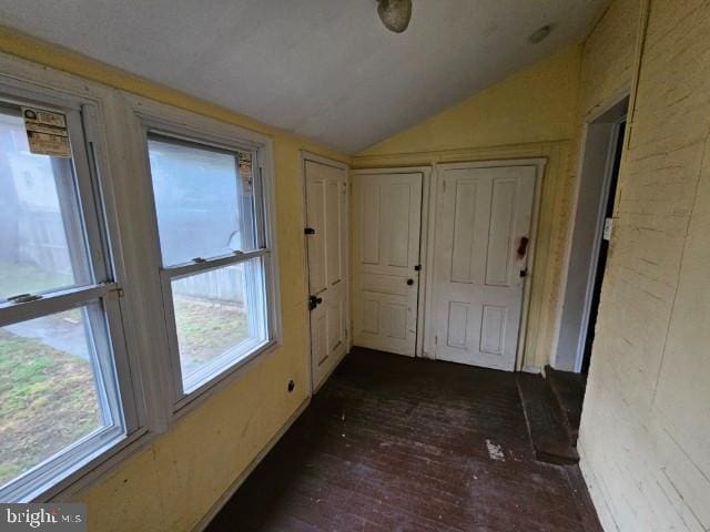 doorway featuring vaulted ceiling and hardwood / wood-style floors
