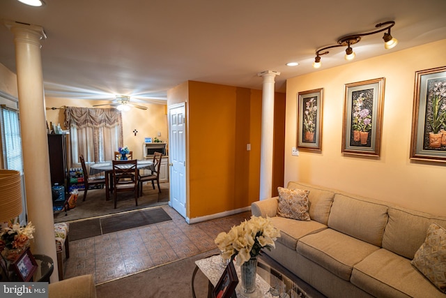 2880 Middletown Rd, Waldorf, MD 20603 - living room featuring decorative columns, recessed lighting, ceiling fan, and dark carpet