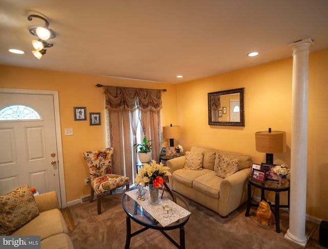 2880 Middletown Rd, Waldorf, MD 20603 - living room with carpet floors, ornate columns, recessed lighting, and baseboards