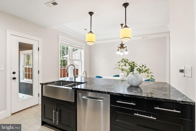 429 Manor Pl NW, Washington, DC 20010 - kitchen featuring a sink, dishwasher, dark cabinetry, light tile patterned floors, and decorative light fixtures