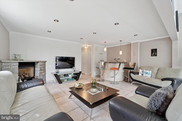 living area featuring tile patterned flooring, crown molding, recessed lighting, a fireplace, and baseboards