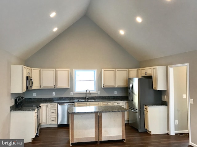 771 Joans Quadrangle Rd, Front Royal, VA 22630 - kitchen with appliances with stainless steel finishes, a sink, high vaulted ceiling, a kitchen island, and dark wood-style flooring