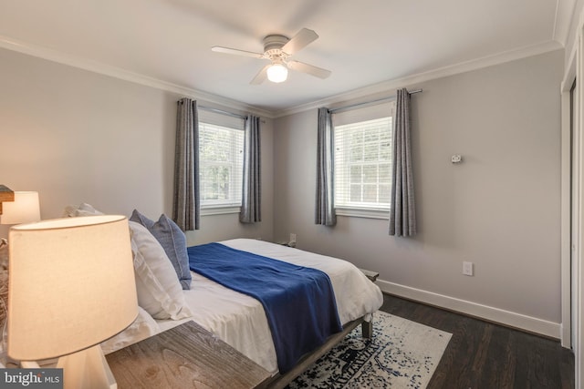 2 Murdock Rd, Baltimore, MD 21212 - bedroom featuring multiple windows, crown molding, dark wood finished floors, baseboards, and a ceiling fan