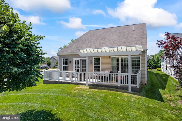 21 Whaleback Ln, Fredericksburg, VA 22406 - back of house with a yard, french doors, a shingled roof, and a wooden deck